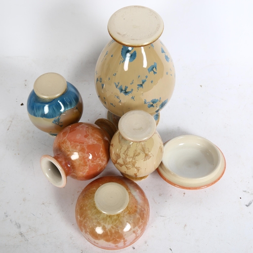 187 - A group of 4 Crystalline glaze vases, and a small lidded Crystalline glaze lidded pot, maker's mark ... 