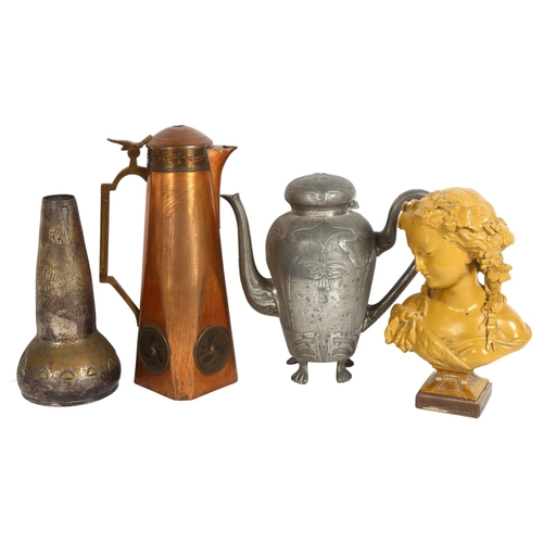 196 - A composition Classical bust, H22cm, and 3 pieces of Art Nouveau metalware (4)