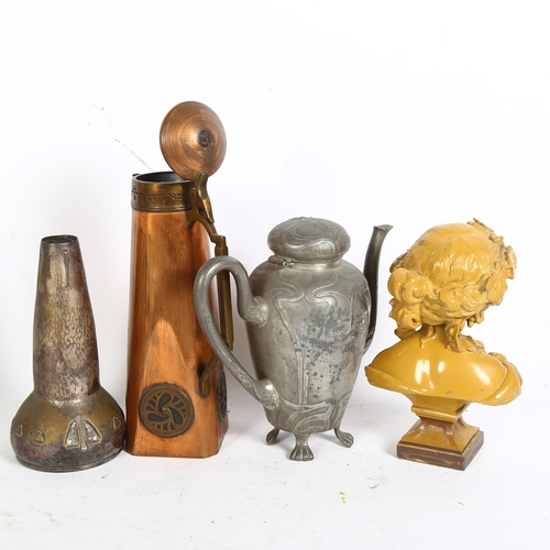 196 - A composition Classical bust, H22cm, and 3 pieces of Art Nouveau metalware (4)