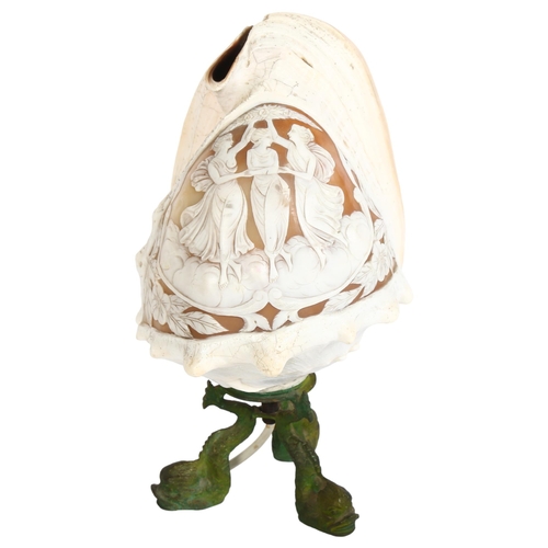 200 - A large cameo conch shell light fitting, with Koi or other Japanese style fish verdigris base, H28cm