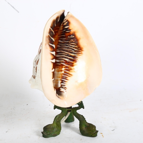 200 - A large cameo conch shell light fitting, with Koi or other Japanese style fish verdigris base, H28cm