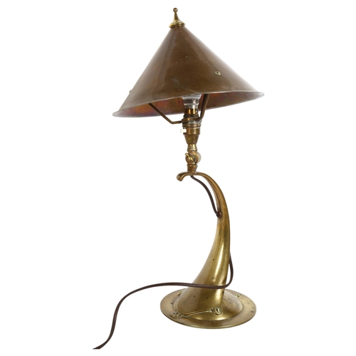 212 - JESSON, BIRKETT & CO - An Arts and Crafts brass table or wall lamp, circa 1905, with conical shade. ... 