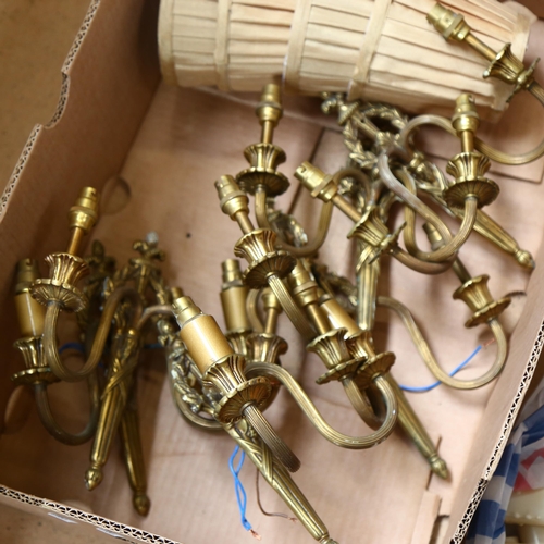 216 - A group of 5 pairs of brass wall sconces, various designs, with 4 spare lamp shades and associated l... 