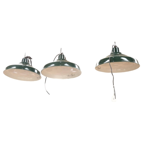 268 - A group of 3 green painted industrial style pendant light fittings, diameter 40cm