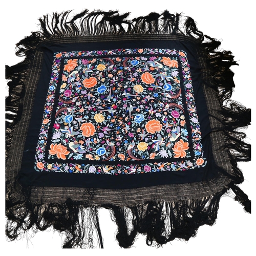 270 - A  hand-sewn silk shawl, with floral and ornithological decoration with frilled outer edge, approx 1... 