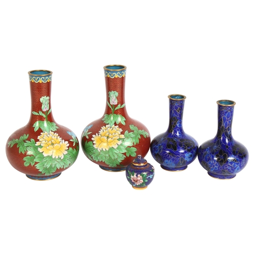 273 - A pair of cloisonne enamelled vases, with floral and humming bird decoration, H18.5cm, and a pair of... 