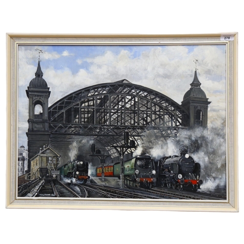 278 - Paul Twine (1930 - 2000), oil on board, steam engines leaving Cannon Street Station London, signed a... 