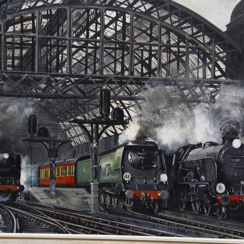 278 - Paul Twine (1930 - 2000), oil on board, steam engines leaving Cannon Street Station London, signed a... 