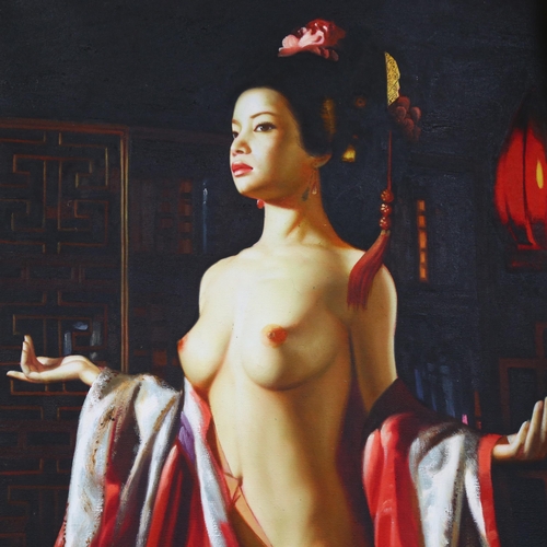 283 - A Japanese School, oil on canvas, study of a nude Geisha, unframed and unsigned, 92cm x 62cm