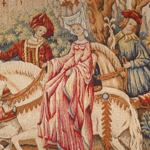 302 - A large machine woven Belgian tapestry, depicting a King and Queen or Lord and his Lady returning to... 