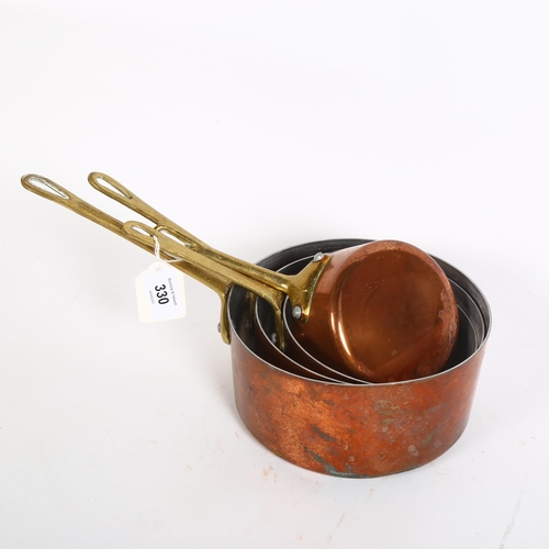 330 - A graduated set of 4 French copper kitchen pots, no label or maker's marks, largest diameter 16cm