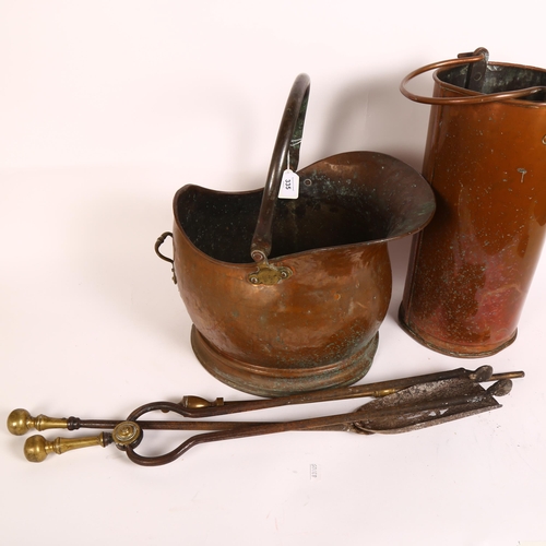 335 - A Victorian copper coal bucket, and associated fire utensils in related copper stand