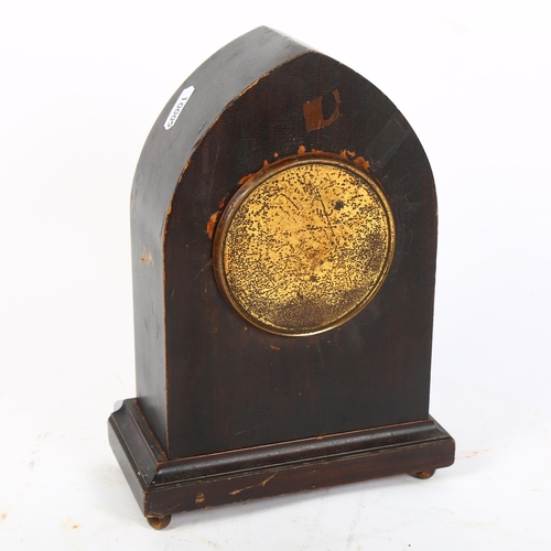 368 - An inlaid mahogany clock with curved top and French 8-day movement, H24cm