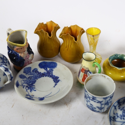 378 - A pair of Linthorpe vases, 8cm, Continental porcelain teaware, Toby jug, Chinese blue and white cup ... 