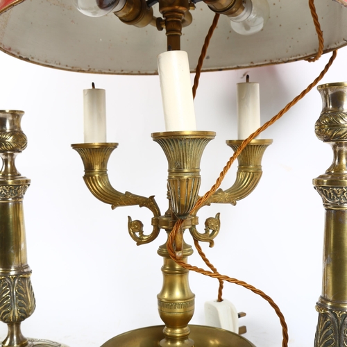 383 - A pair of embossed brass candlesticks, 26.5cm, and a Regency style 3-branch brass table lamp and sha... 