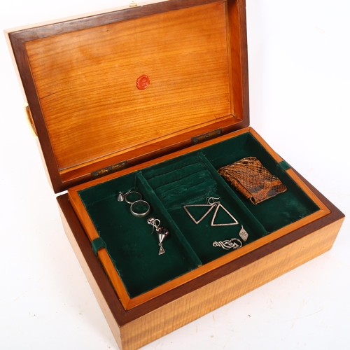 384 - A satinwood jewel box, with playing cards design lid, tray-fitted interior, silver jewellery and a s... 