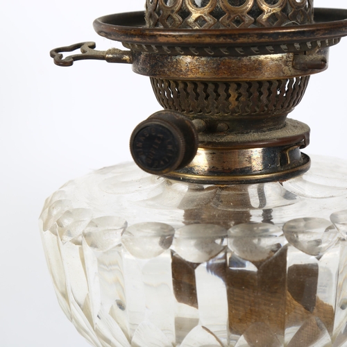 393 - Antique silver plated oil lamp, with cut-glass font and chimney, H76cm