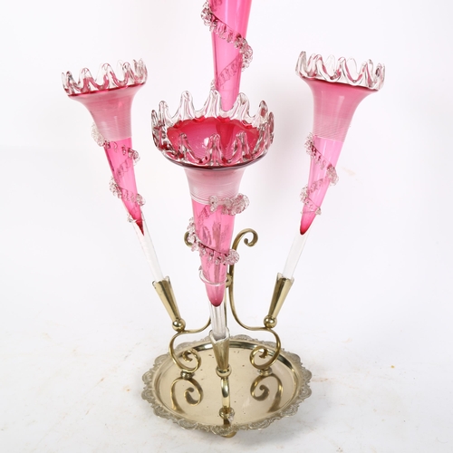 394 - A cranberry glass and silver plated table epergne, with 4 shaped trumpets, H58cm