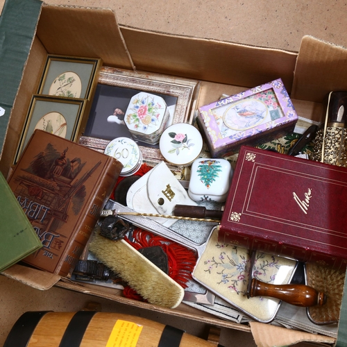 414 - A box with Rum barrel, books, dressing table set etc