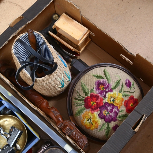 421 - 2 boxfuls, including footstool, trug, figures etc