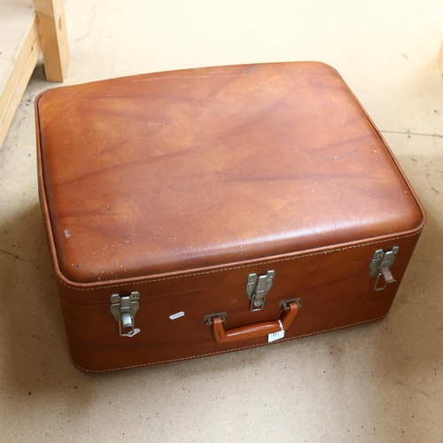 423 - A suitcase containing kitchen scale and weights, clock, binoculars, glassware and a jewellery cabine... 