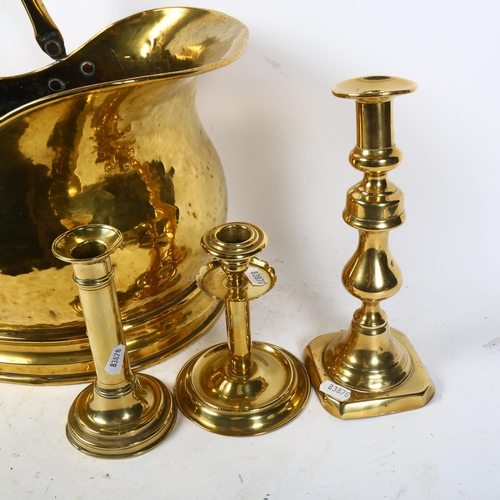 448 - Antique brass coal bucket, 3 brass candlesticks, and an unusual square based copper kettle, H21cm