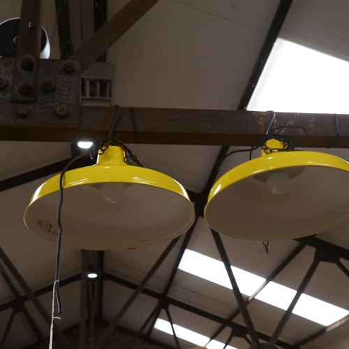 458 - A set of 4 retro style yellow and white enamel ceiling lights, approx 40cm diameter