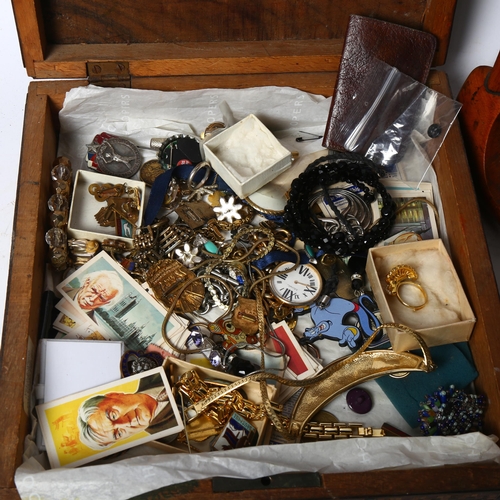 464 - Shoe trees, treen medicine glass holder, costume jewellery, etc, in inlaid Eastern box