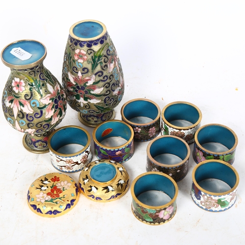 478 - A pair of enamelled vases, H12.5cm, a set of 8 cloisonne napkin rings, and a tincket box