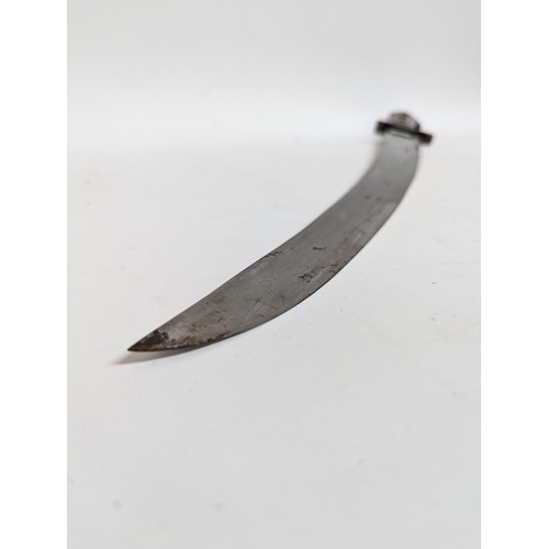 56 - An Indo-Persian short curved sword with steel guard and carved wood handle, together with leather sc... 