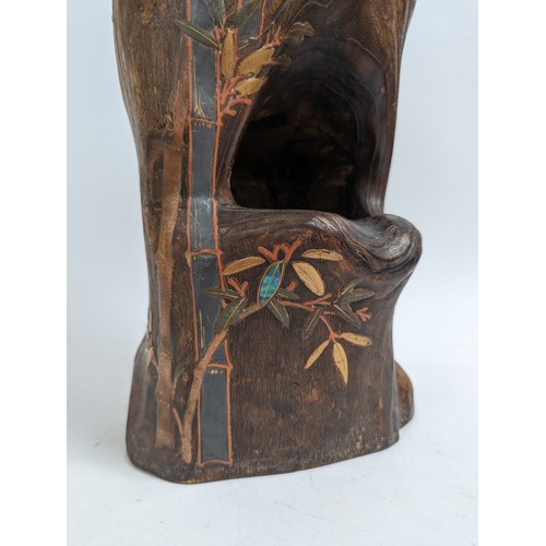 169 - An early 20th century Japanese paulownia wood Ikebana vase, with Maki-e lacquer-work decoration and ... 