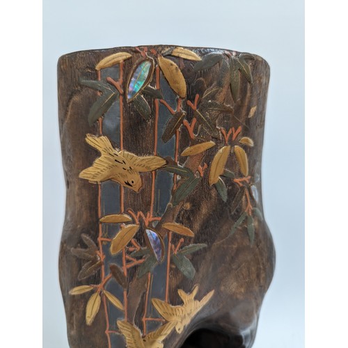 169 - An early 20th century Japanese paulownia wood Ikebana vase, with Maki-e lacquer-work decoration and ... 