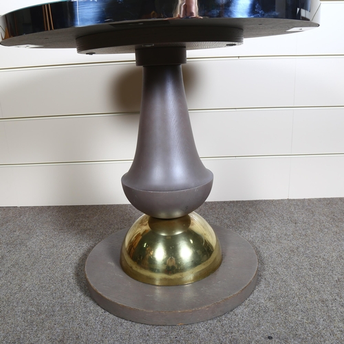 105 - A contemporary design chrome banded table with decanter shaped pedestal stem on brass dome in the ma... 