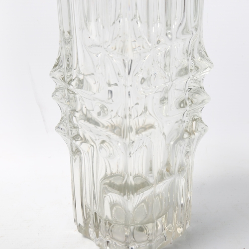 107 - A mid-century heavy walled geometric clear glass vase, height 24.5cm