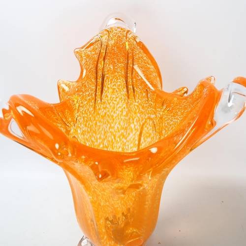 108 - A large vintage Murano glass tri-form vase, with orange flecked heavy walls, height 40.5cm