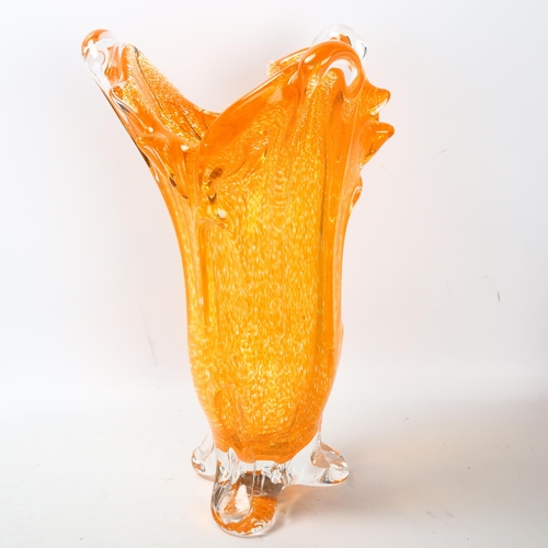 108 - A large vintage Murano glass tri-form vase, with orange flecked heavy walls, height 40.5cm