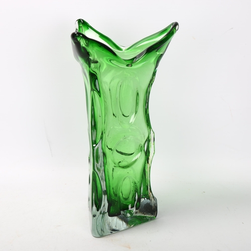 110 - A vintage Murano glass tri-form green glass vase, height 29cm