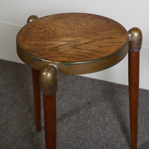 113 - Gerald Summers, a mid-century 3 legged stool with oak veneered cast metal seat, with maker’s marks, ... 