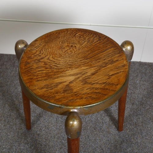 113 - Gerald Summers, a mid-century 3 legged stool with oak veneered cast metal seat, with maker’s marks, ... 