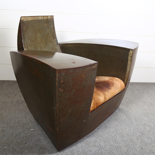 14 - Jonathan Singleton, a 1980s brutalist Easy Number One patinated welded steel Art Deco style lounge c... 