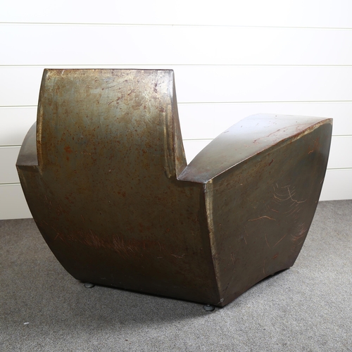 14 - Jonathan Singleton, a 1980s brutalist Easy Number One patinated welded steel Art Deco style lounge c... 