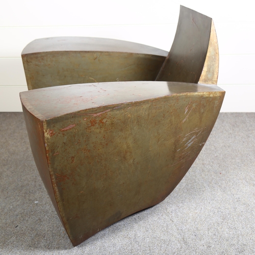 15 - Jonathan Singleton, a 1980s brutalist Easy Number One patinated welded steel Art Deco style lounge c... 