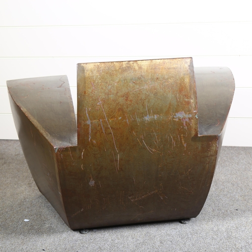 15 - Jonathan Singleton, a 1980s brutalist Easy Number One patinated welded steel Art Deco style lounge c... 