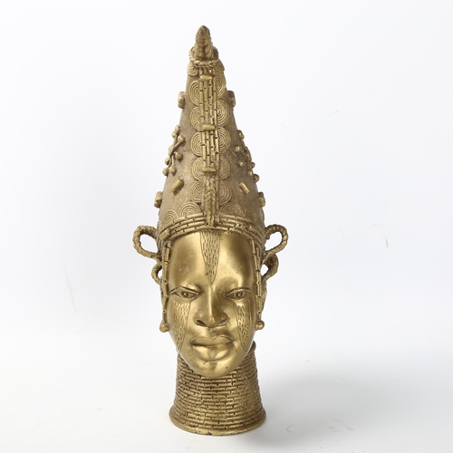 24 - A mid-century Yoruba Benin bronze head of Queen Oni with finely cast detail, height 39cm