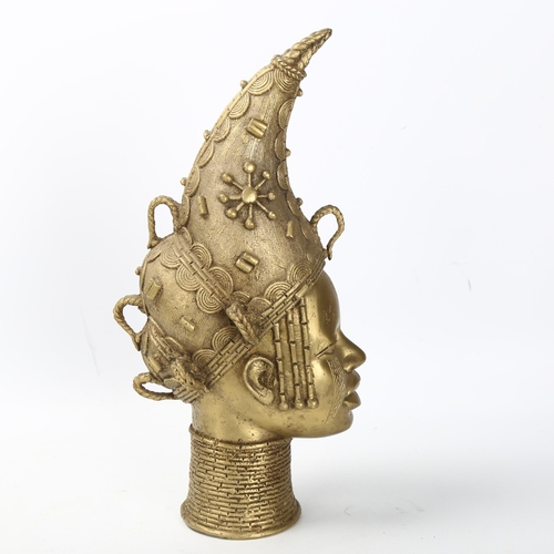 24 - A mid-century Yoruba Benin bronze head of Queen Oni with finely cast detail, height 39cm