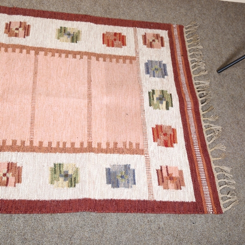 3 - A Swedish Flatweave rug, geometric polychrome design, pink and brown centre, 190 x 122cm