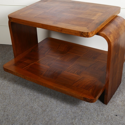 57 - A 1930s 2 tier Art Deco coffee table with geometric parquetry surfaces, height 53cm, length 76cm, wi... 