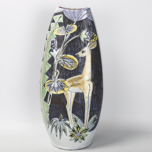 65 - Marian Zawadzki for Tilgmans, Gothenberg, Sweden, a ceramic floor standing vase with deer in forest,... 