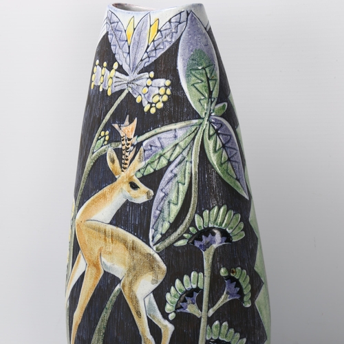 65 - Marian Zawadzki for Tilgmans, Gothenberg, Sweden, a ceramic floor standing vase with deer in forest,... 