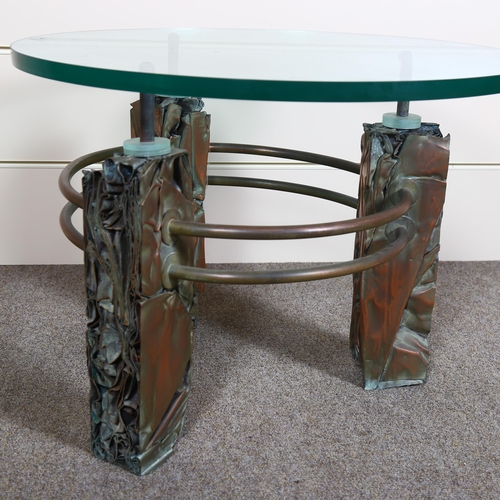 94 - A 1980s Creative Salvage Movement folded copper sheet coffee table with circular glass top, diameter... 